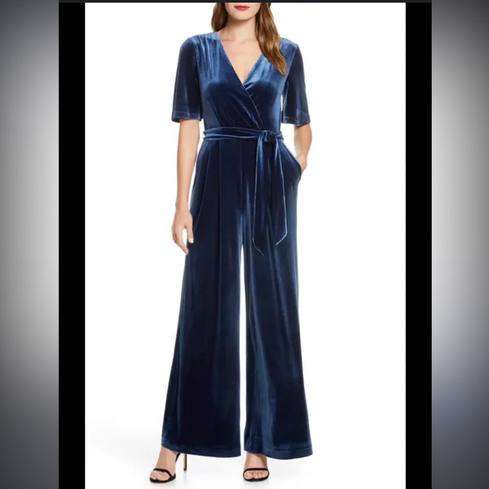 Eliza J Size 4 Wide Leg Faux Wrap Velvet Jumpsuit Blue Long V-Neck